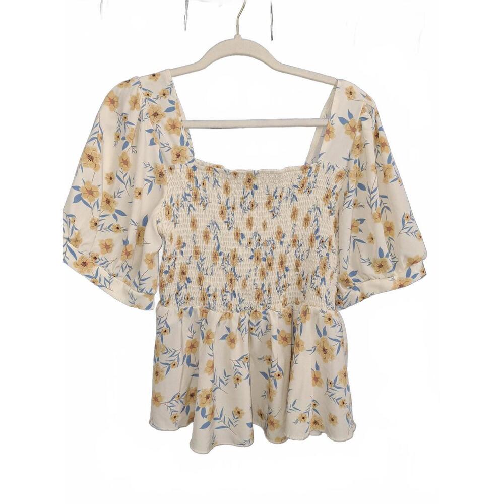 Women's Floral Puff Sleeve Smocked Peplum Top